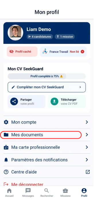 Écran du profil de l'agent mettant en évidence la section Coffre-fort pour y accéder